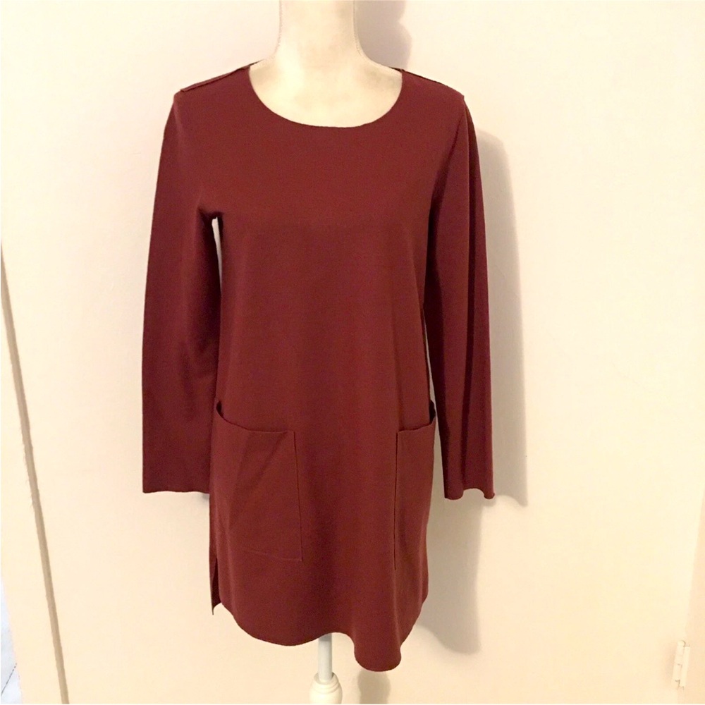 Eileen Fisher long sleeve swing dress dark pink wool xxs